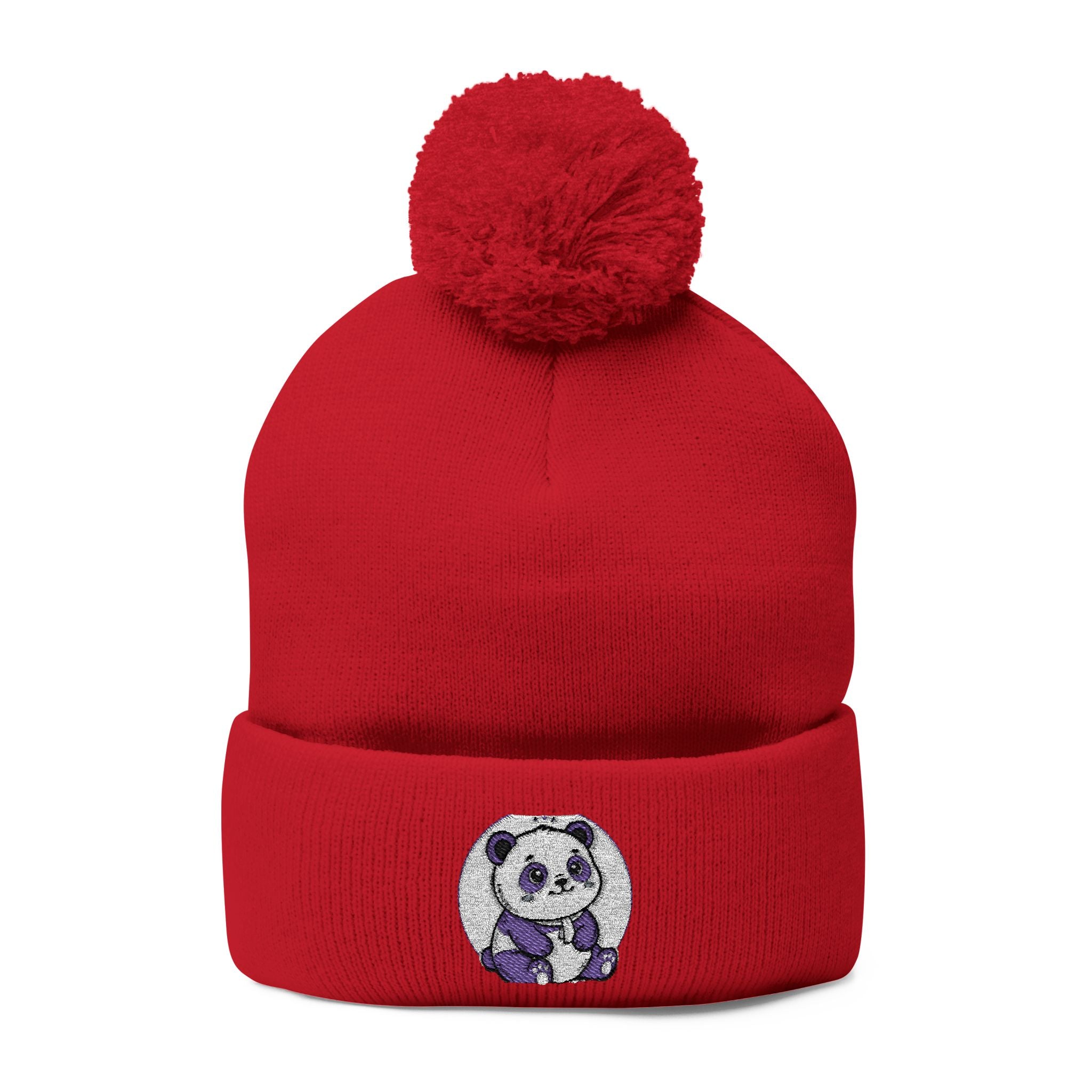 Embroidered Pom-Pom Beanie — Cozy Grey Knit Hat with Small Floral Skull Embroidery