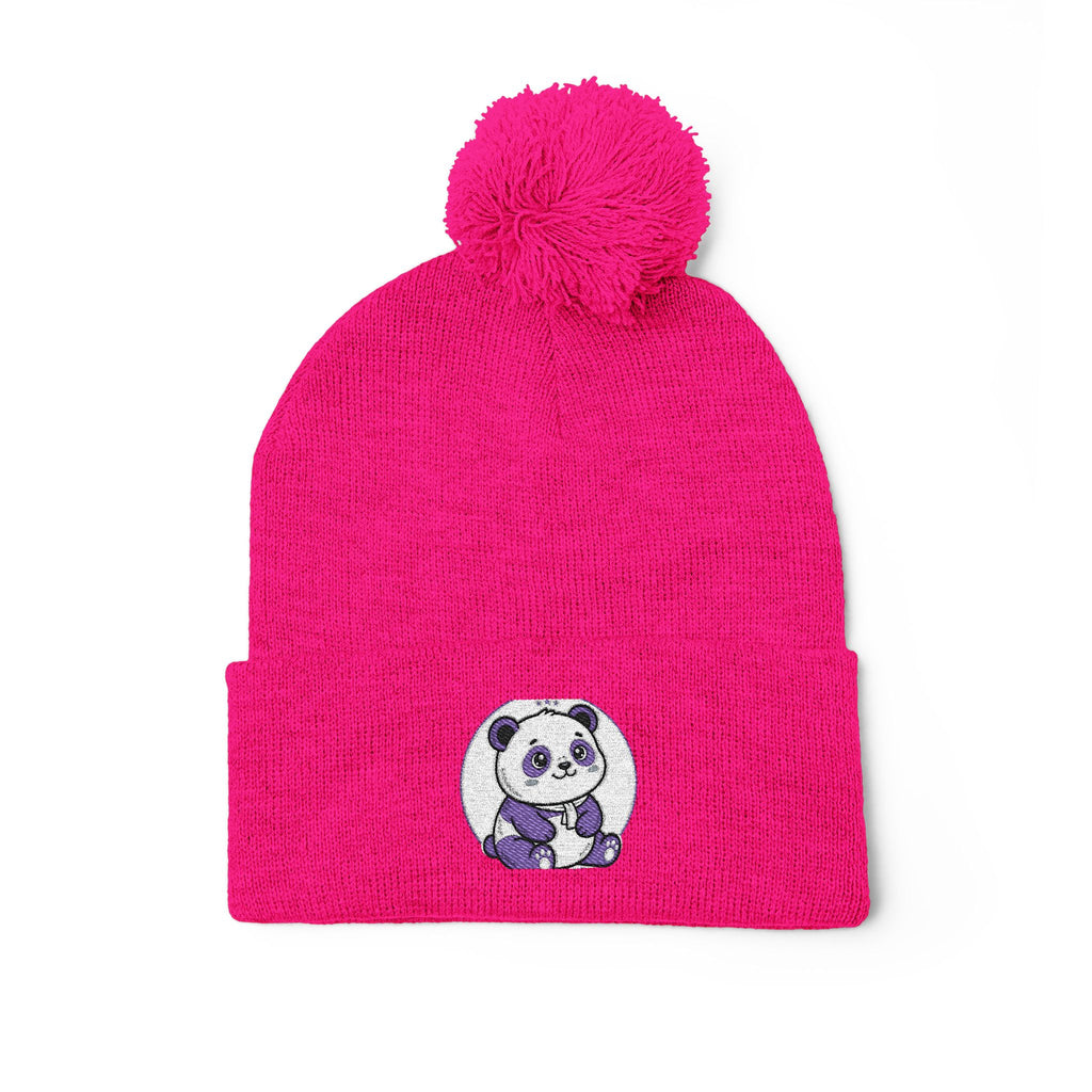 Embroidered Pom-Pom Beanie — Cozy Grey Knit Hat with Small Floral Skull Embroidery