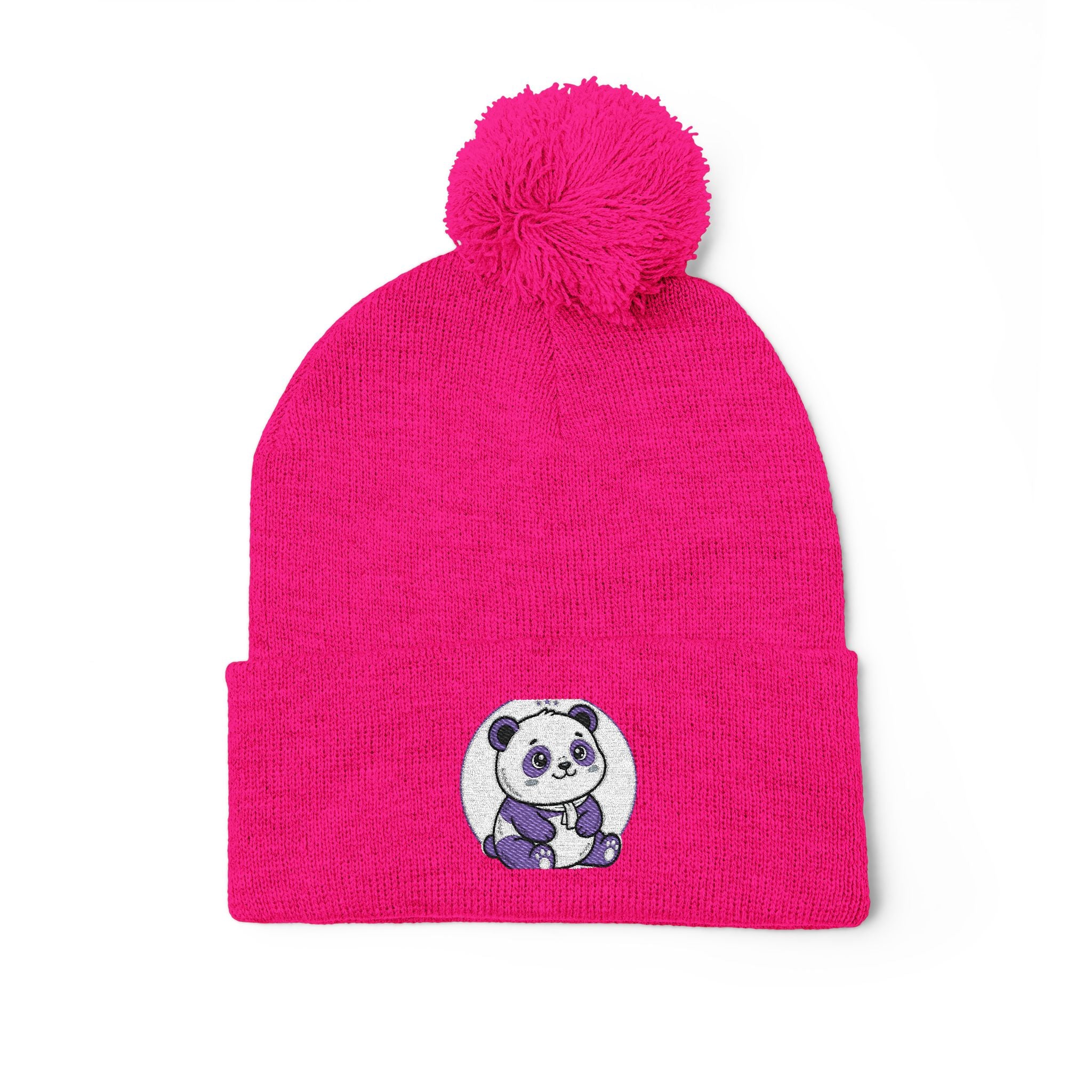 Embroidered Pom-Pom Beanie — Cozy Grey Knit Hat with Small Floral Skull Embroidery