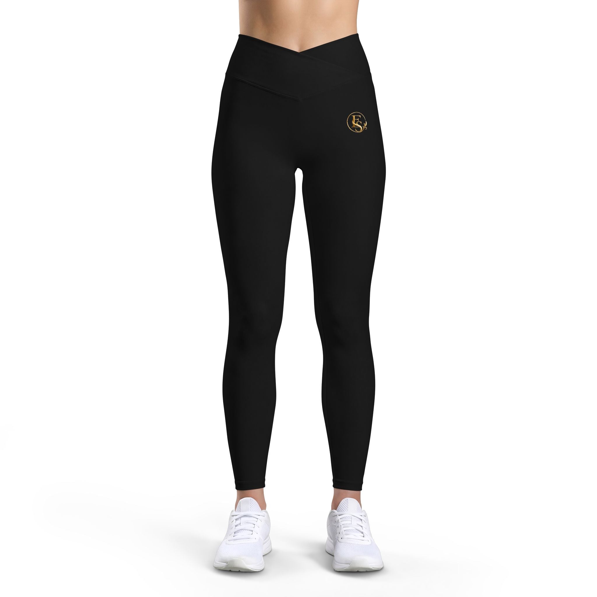 Women’s Luxe Leggings — Black High-Waist Athletic Leggings with Gold Crescent Moon Emblem
