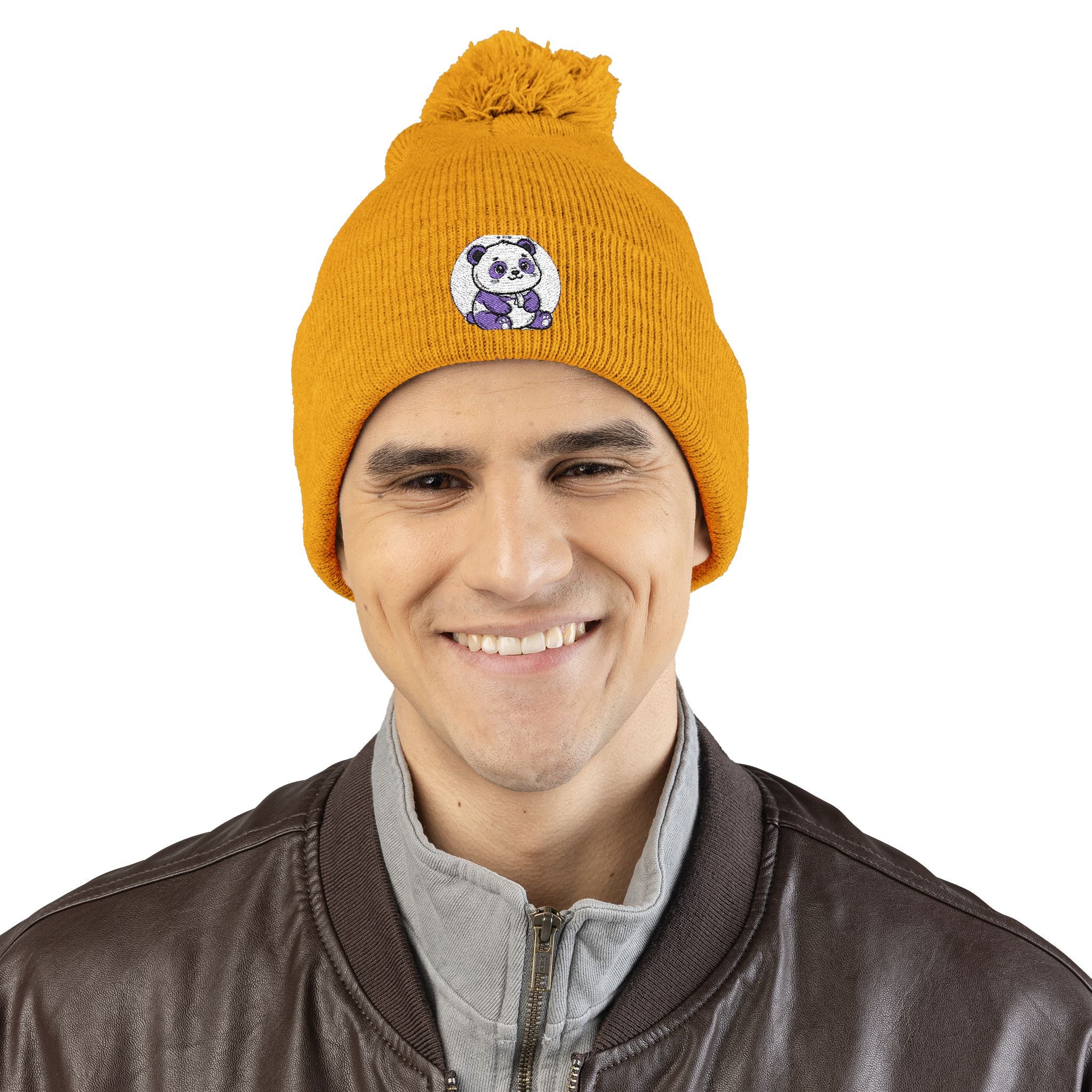 Embroidered Pom-Pom Beanie — Cozy Grey Knit Hat with Small Floral Skull Embroidery