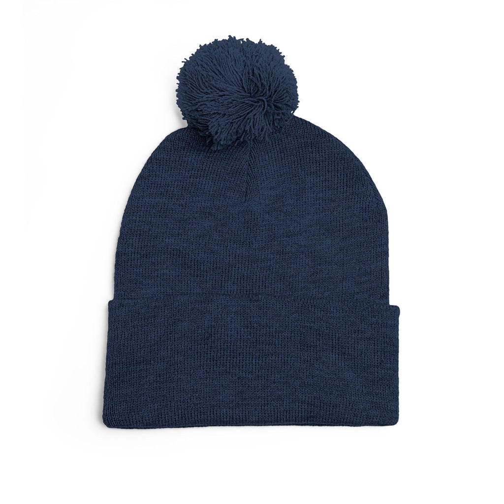 Embroidered Pom-Pom Beanie — Cozy Grey Knit Hat with Small Floral Skull Embroidery
