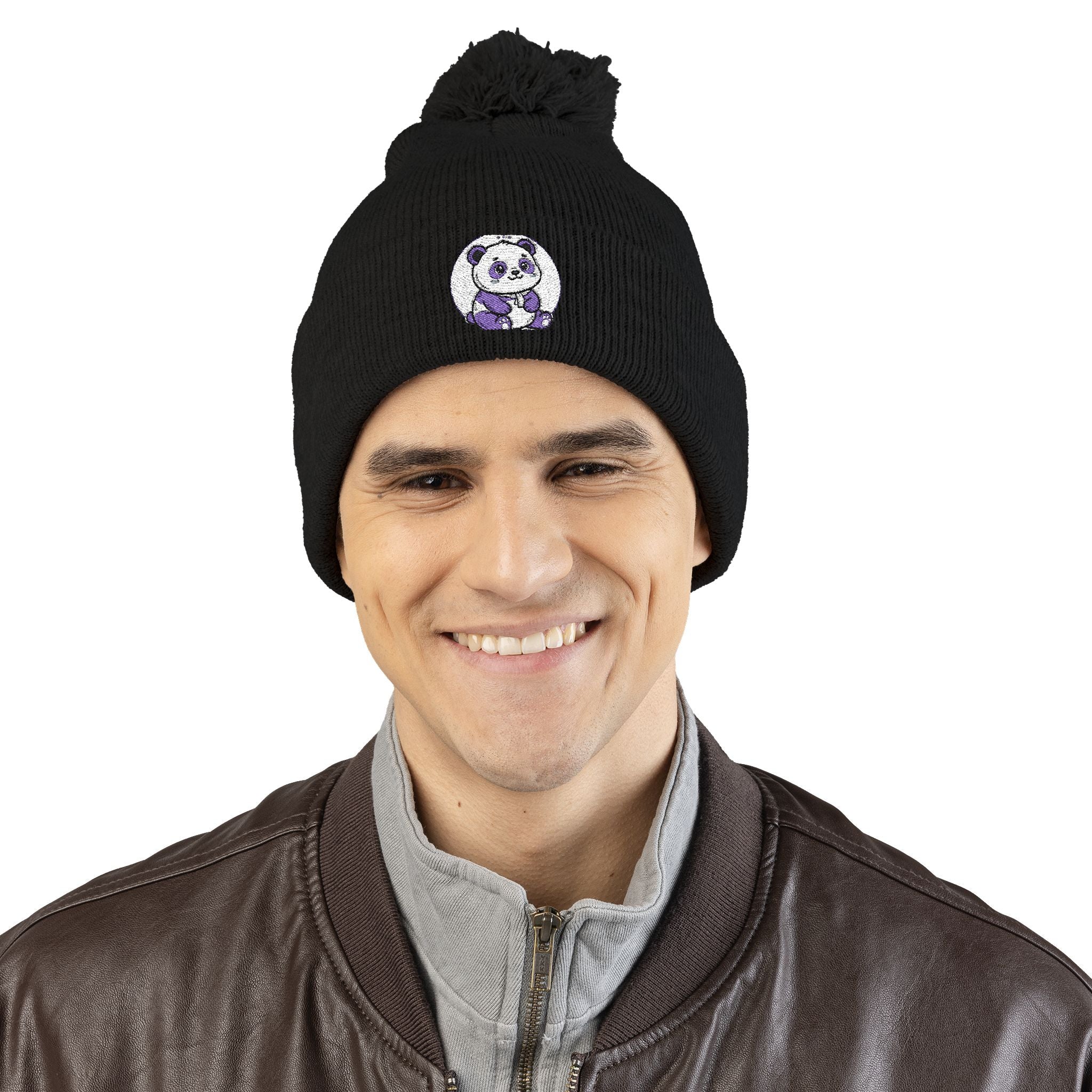 Embroidered Pom-Pom Beanie — Cozy Grey Knit Hat with Small Floral Skull Embroidery