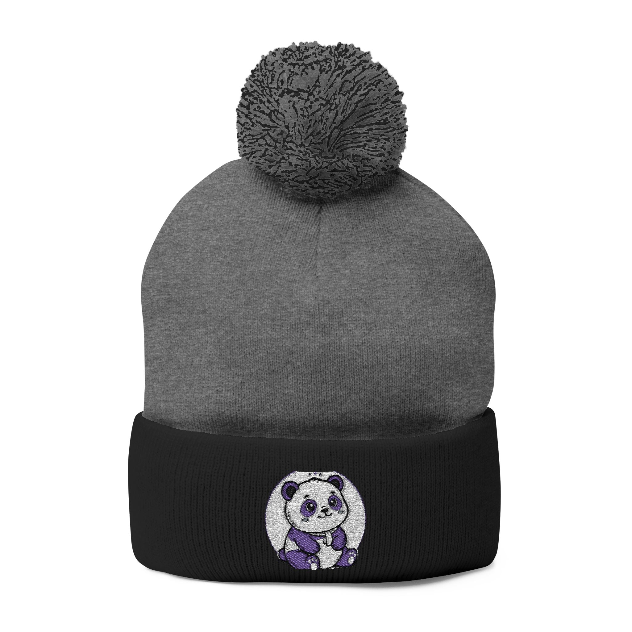 Embroidered Pom-Pom Beanie — Cozy Grey Knit Hat with Small Floral Skull Embroidery