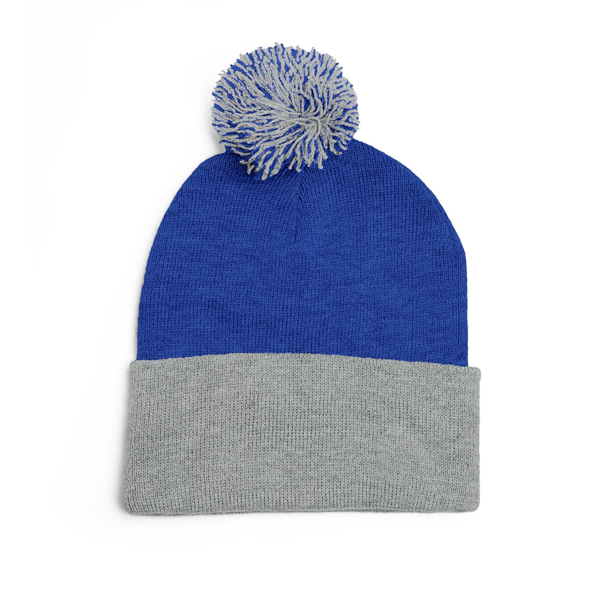 Embroidered Pom-Pom Beanie — Cozy Grey Knit Hat with Small Floral Skull Embroidery