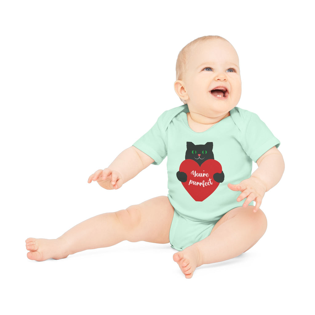Baby Bodysuit — Black Cat Holding Heart "You're Purrfect" (Organic Short Sleeve)
