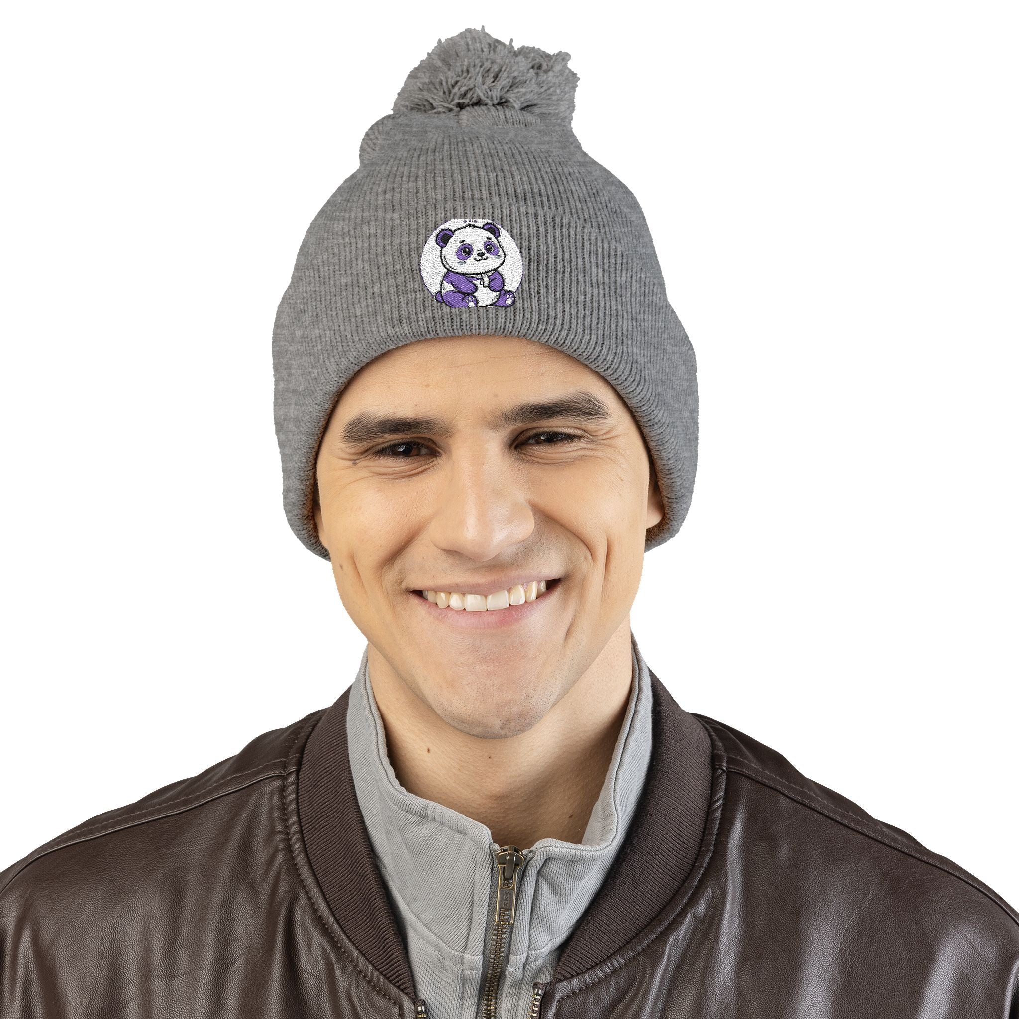 Embroidered Pom-Pom Beanie — Cozy Grey Knit Hat with Small Floral Skull Embroidery