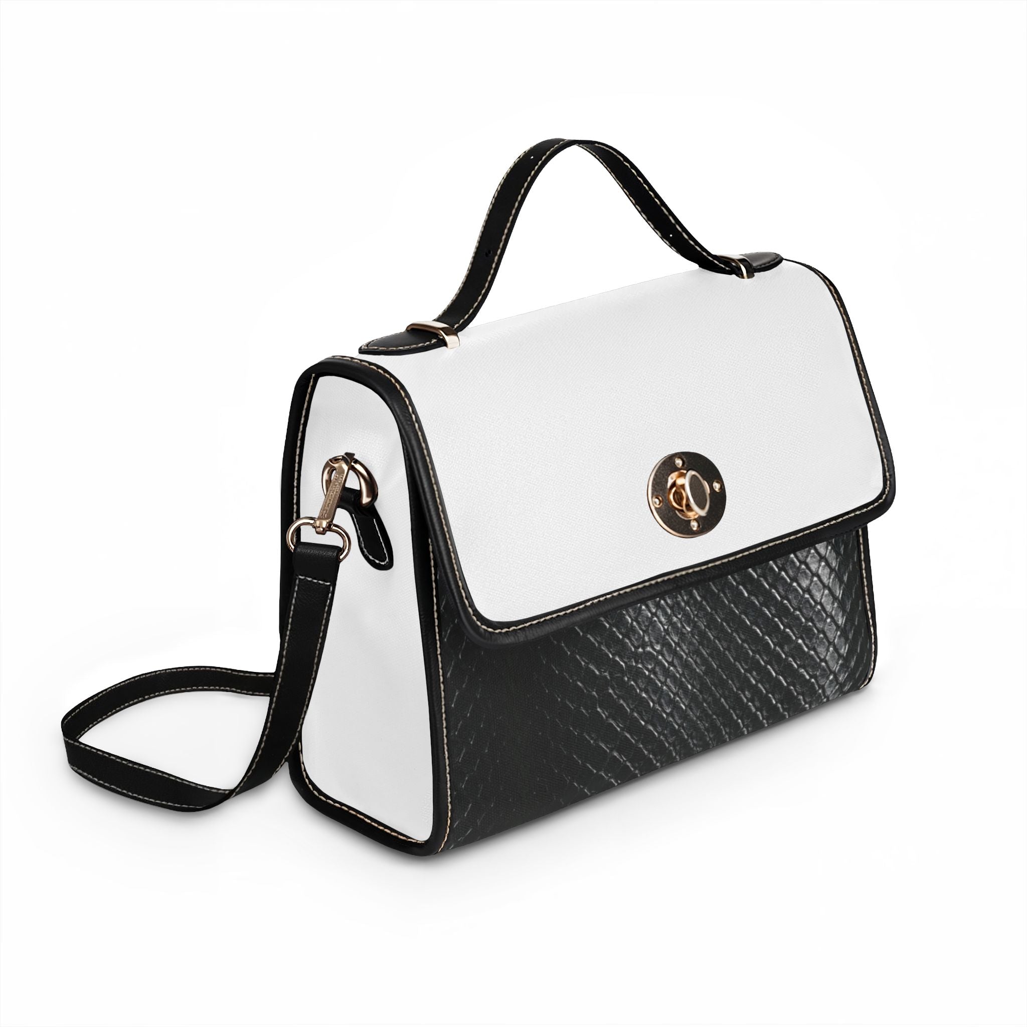 Leather-Trim Canvas Satchel Bag – Waterproof Black & White Crossbody