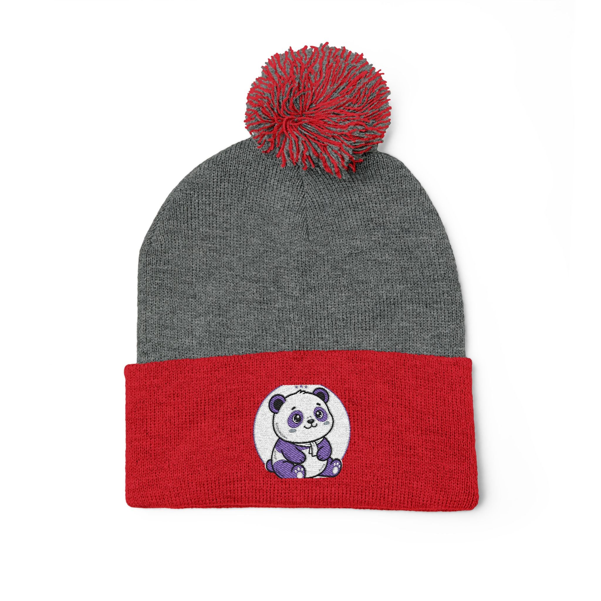 Embroidered Pom-Pom Beanie — Cozy Grey Knit Hat with Small Floral Skull Embroidery