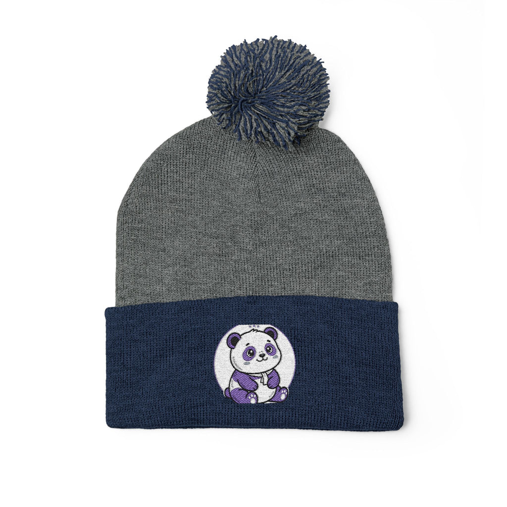 Embroidered Pom-Pom Beanie — Cozy Grey Knit Hat with Small Floral Skull Embroidery