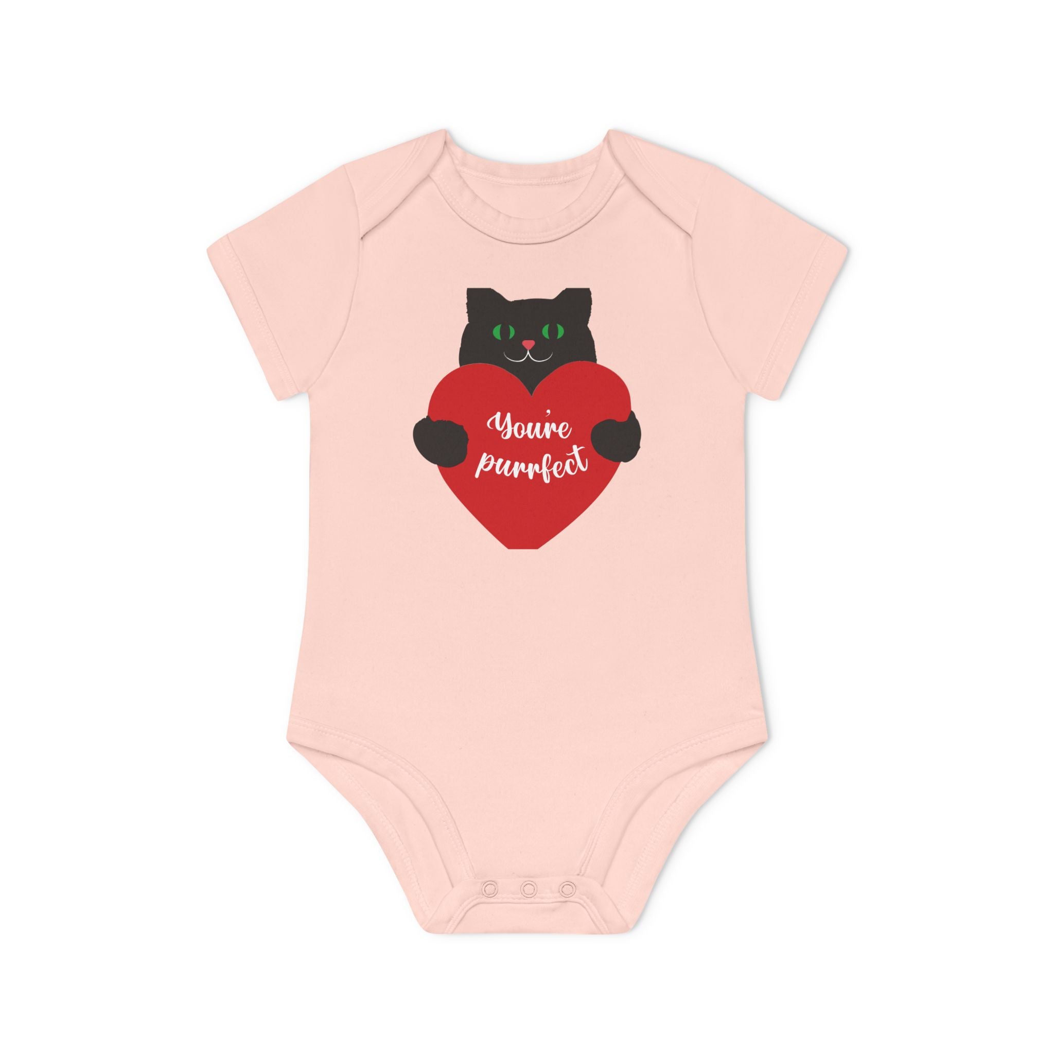 Baby Bodysuit — Black Cat Holding Heart "You're Purrfect" (Organic Short Sleeve)