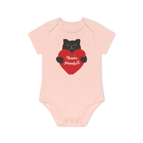 Baby Bodysuit — Black Cat Holding Heart "You're Purrfect" (Organic Short Sleeve)