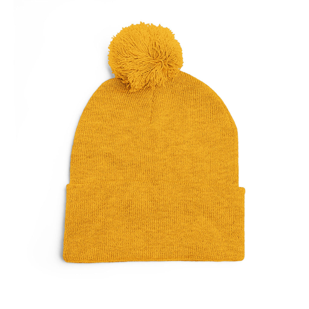 Embroidered Pom-Pom Beanie — Cozy Grey Knit Hat with Small Floral Skull Embroidery