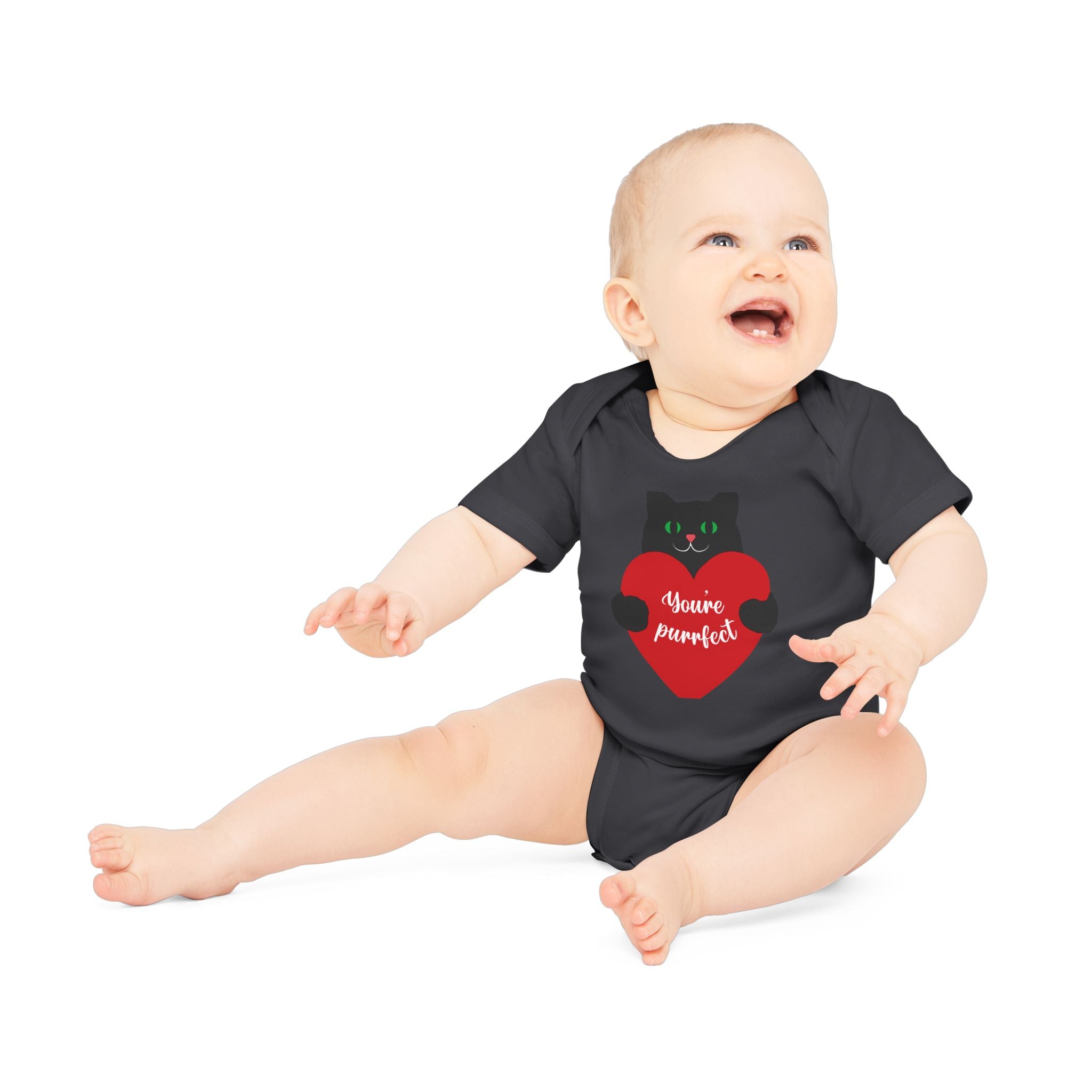 Baby Bodysuit — Black Cat Holding Heart "You're Purrfect" (Organic Short Sleeve)