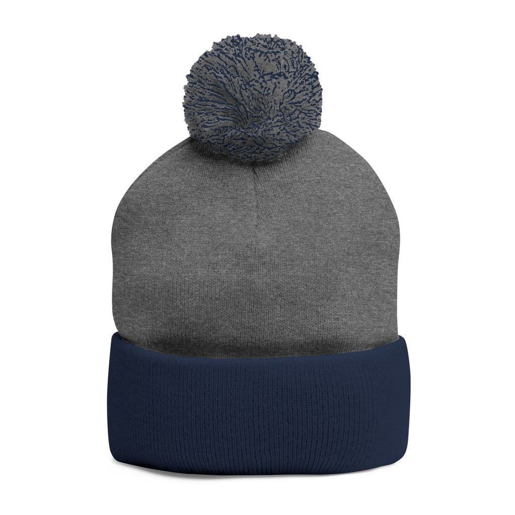 Embroidered Pom-Pom Beanie — Cozy Grey Knit Hat with Small Floral Skull Embroidery