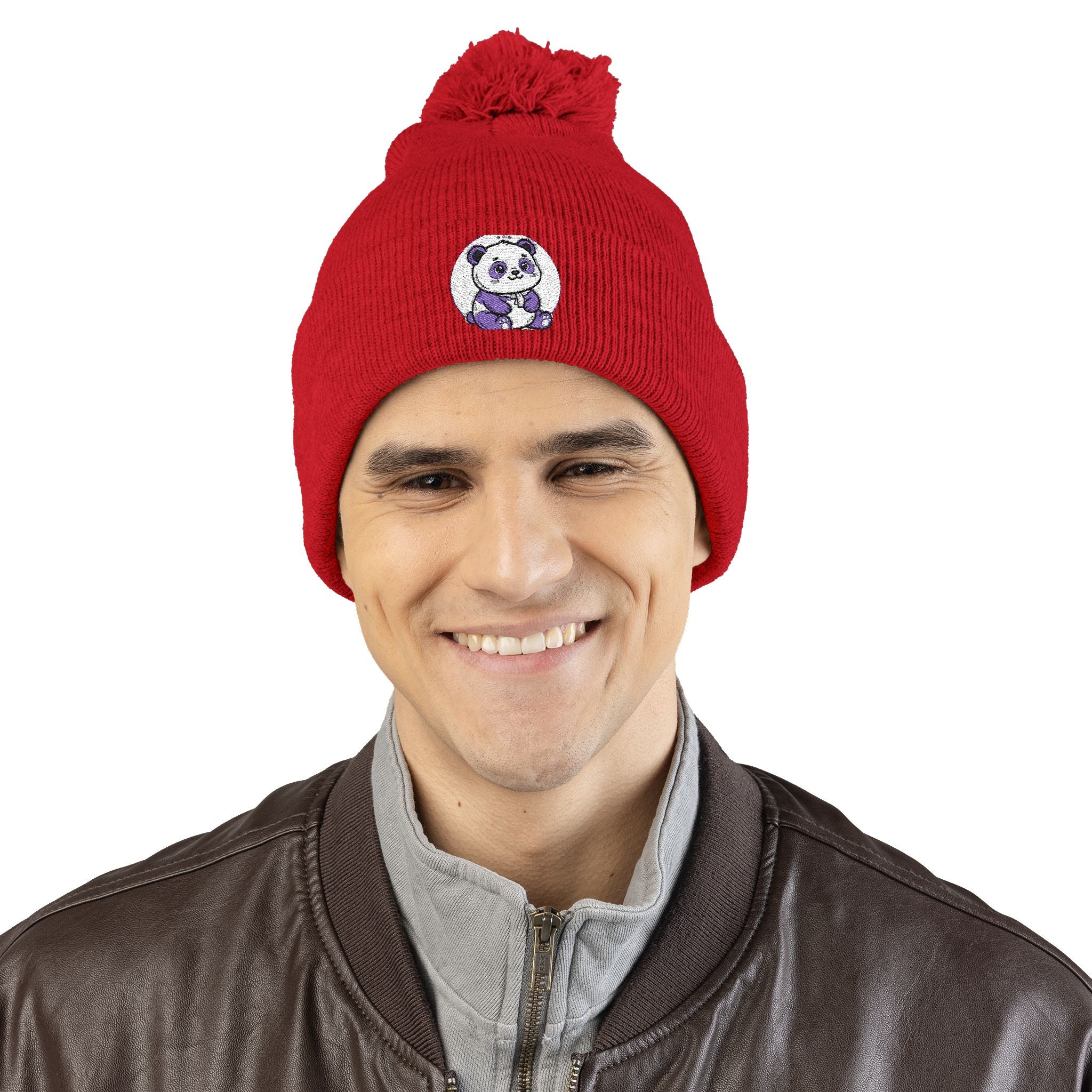 Embroidered Pom-Pom Beanie — Cozy Grey Knit Hat with Small Floral Skull Embroidery