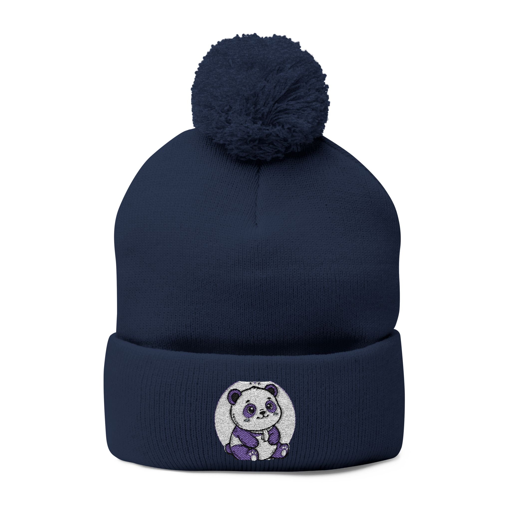 Embroidered Pom-Pom Beanie — Cozy Grey Knit Hat with Small Floral Skull Embroidery