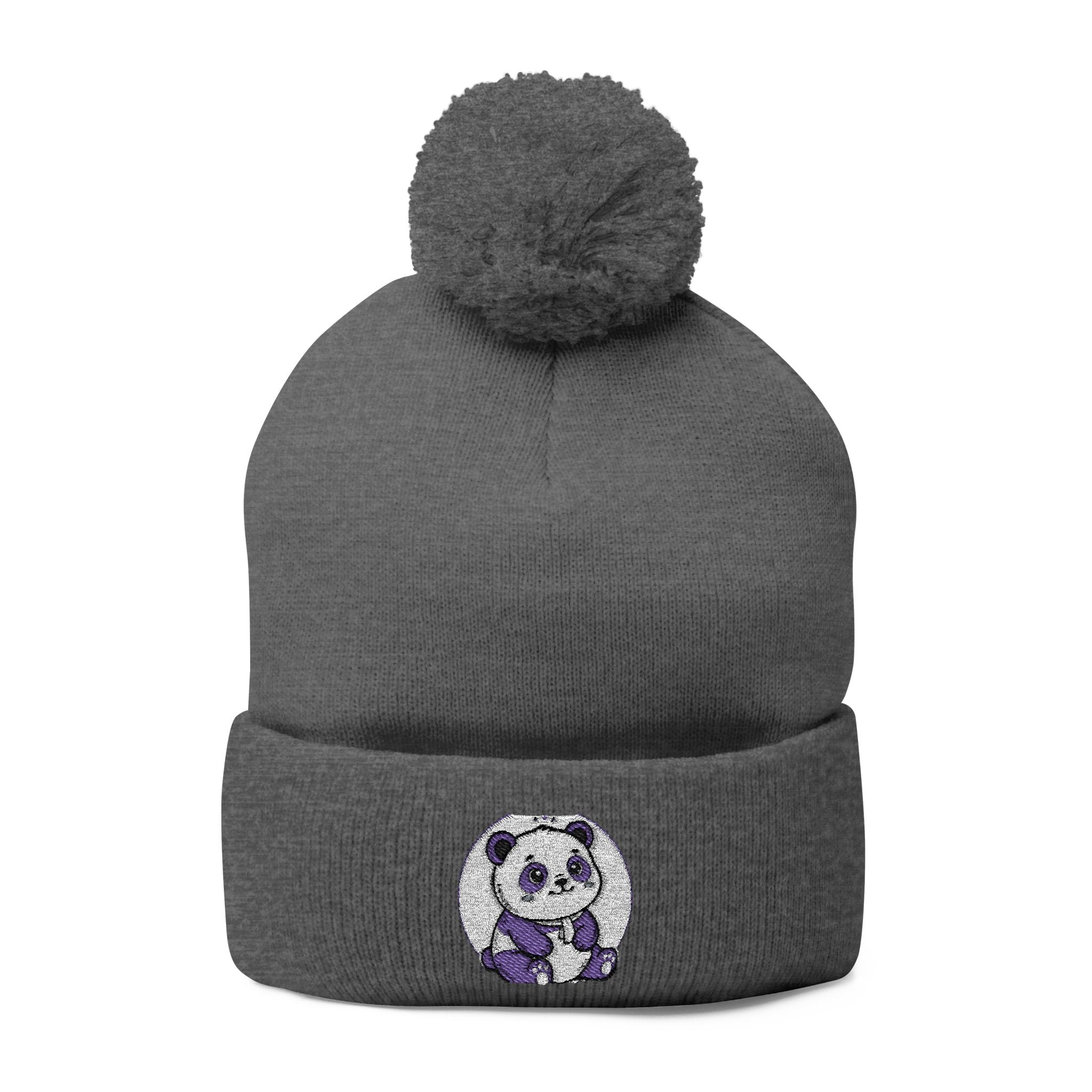 Embroidered Pom-Pom Beanie — Cozy Grey Knit Hat with Small Floral Skull Embroidery