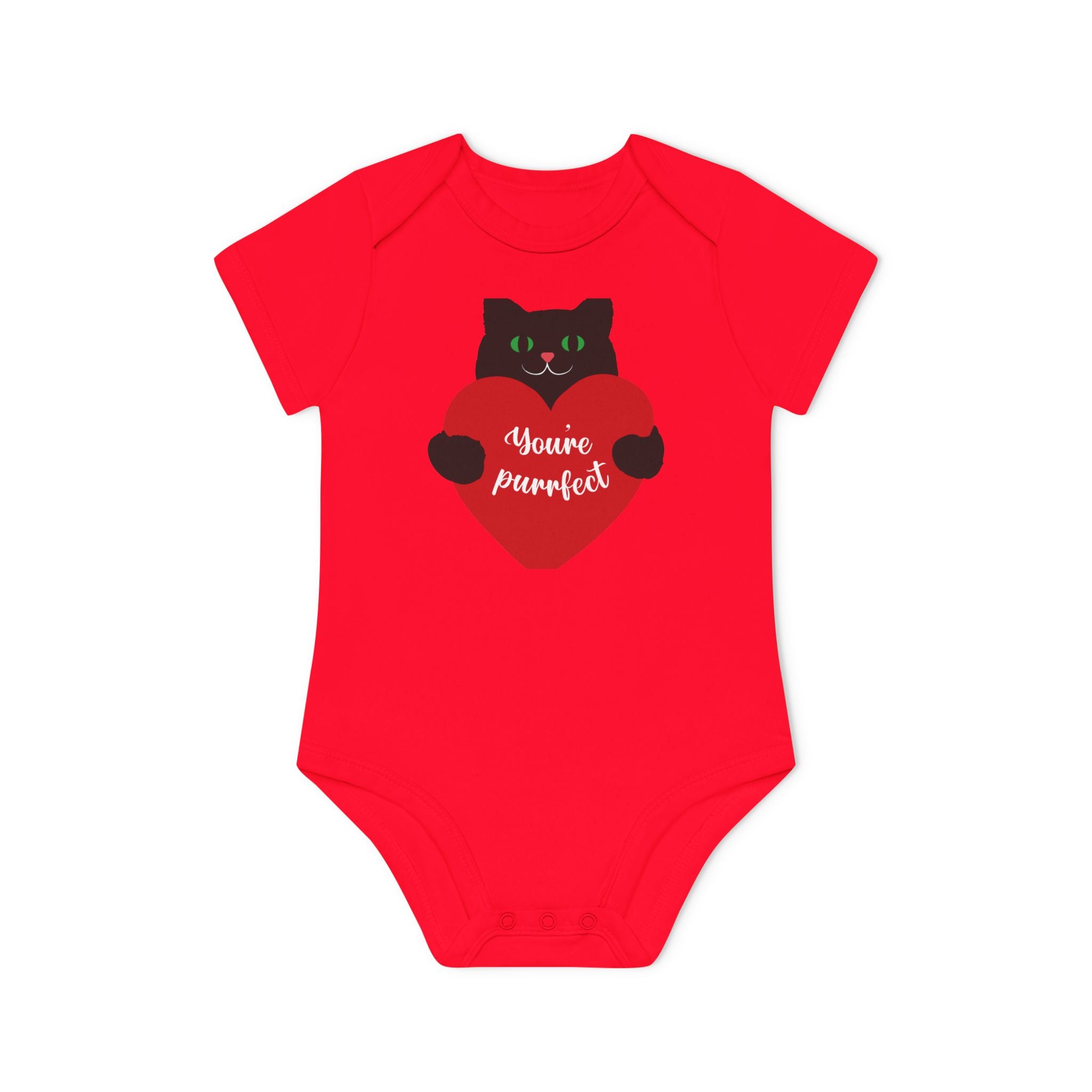 Baby Bodysuit — Black Cat Holding Heart "You're Purrfect" (Organic Short Sleeve)