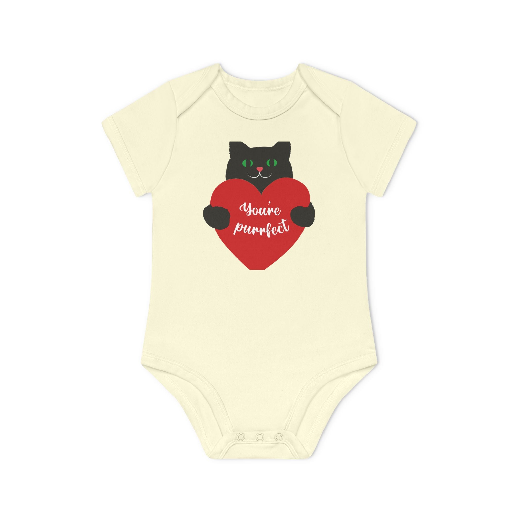 Baby Bodysuit — Black Cat Holding Heart "You're Purrfect" (Organic Short Sleeve)