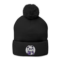 Embroidered Pom-Pom Beanie — Cozy Grey Knit Hat with Small Floral Skull Embroidery