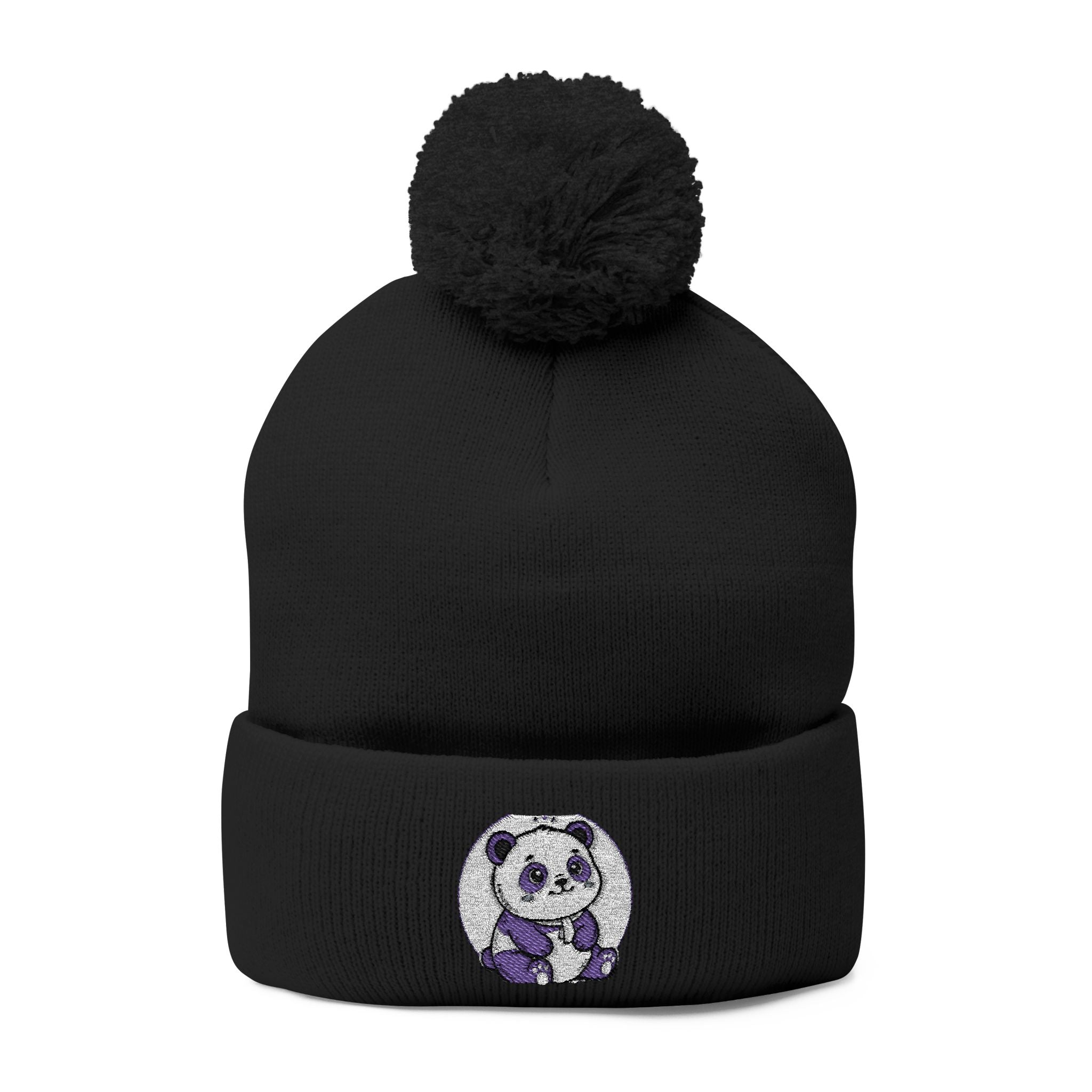 Embroidered Pom-Pom Beanie — Cozy Grey Knit Hat with Small Floral Skull Embroidery