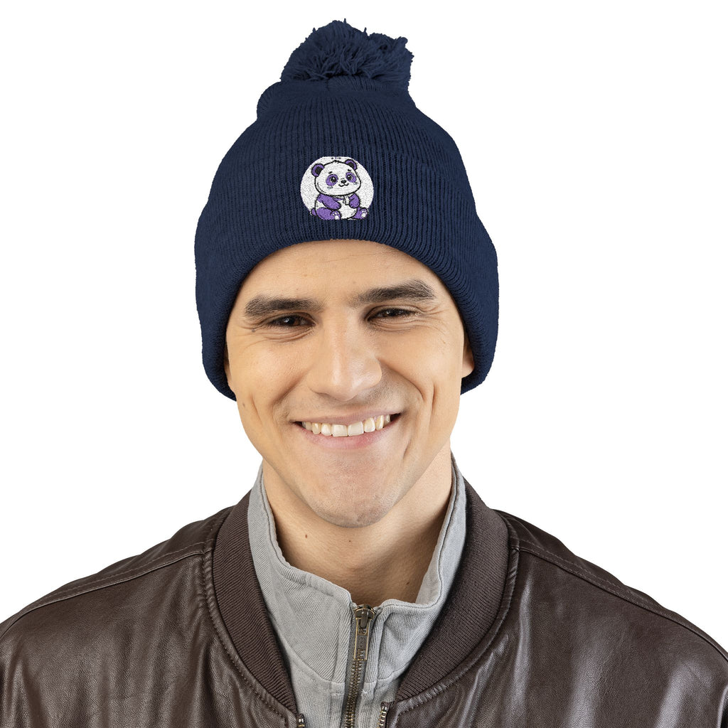 Embroidered Pom-Pom Beanie — Cozy Grey Knit Hat with Small Floral Skull Embroidery