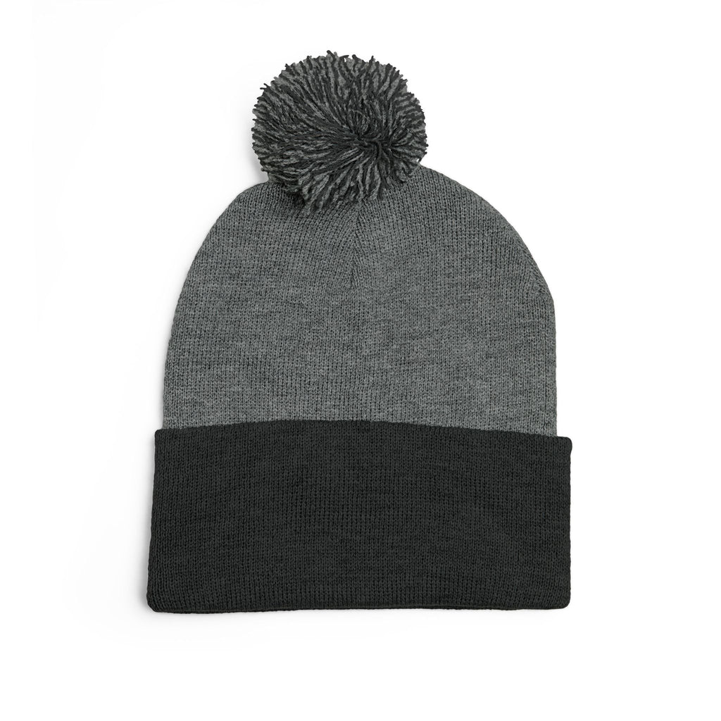 Embroidered Pom-Pom Beanie — Cozy Grey Knit Hat with Small Floral Skull Embroidery