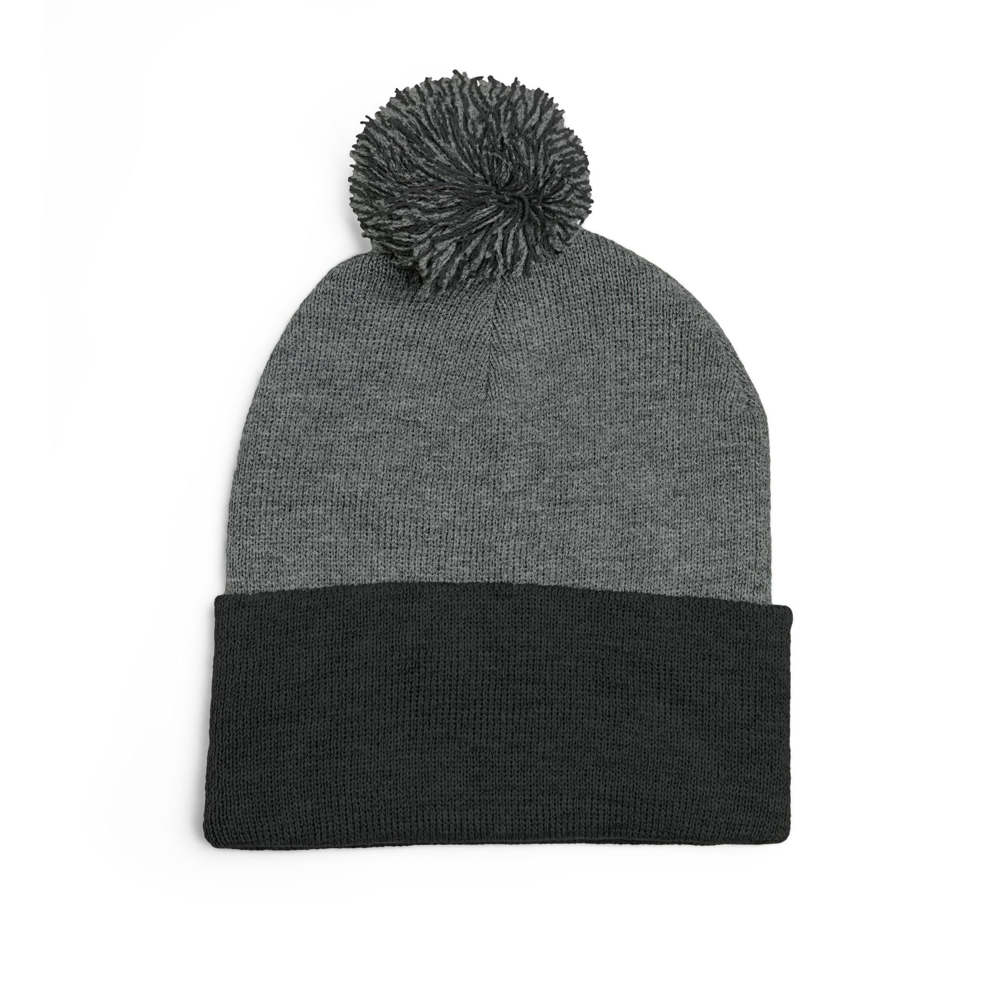 Embroidered Pom-Pom Beanie — Cozy Grey Knit Hat with Small Floral Skull Embroidery