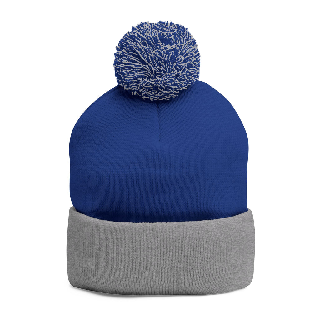 Embroidered Pom-Pom Beanie — Cozy Grey Knit Hat with Small Floral Skull Embroidery