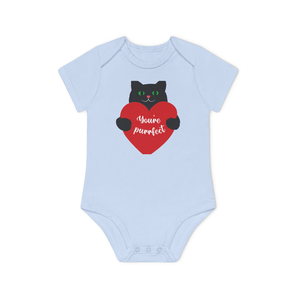 Baby Bodysuit — Black Cat Holding Heart "You're Purrfect" (Organic Short Sleeve)