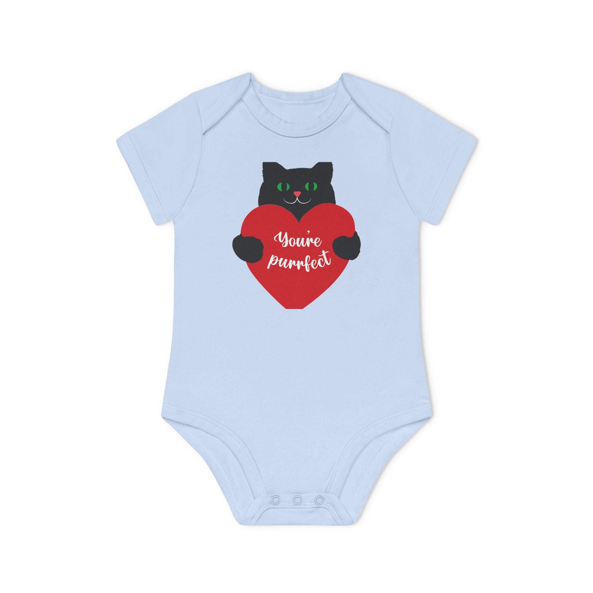 Baby Bodysuit — Black Cat Holding Heart "You're Purrfect" (Organic Short Sleeve)