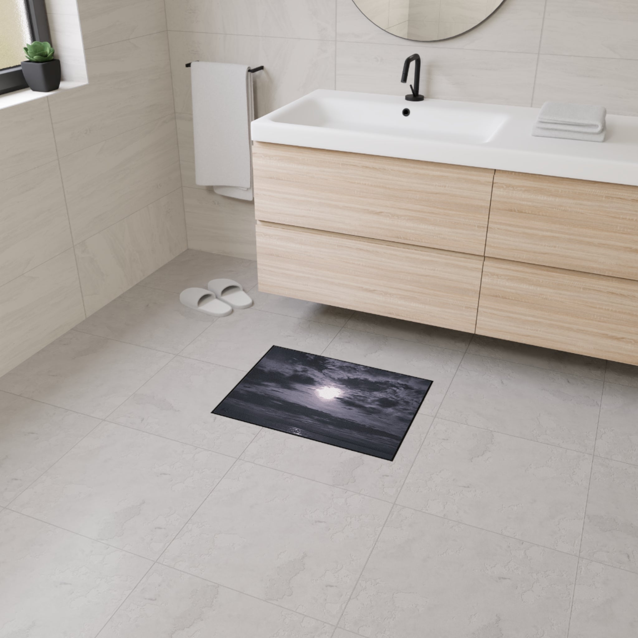Moonlit Ocean Heavy Duty Floor Mat — Dramatic Black & White Seascape Door Mat