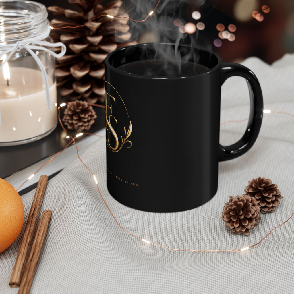 Black Ceramic Mug with Gold FS Monogram — Elegant Luxury Coffee Cup (11oz/15oz)