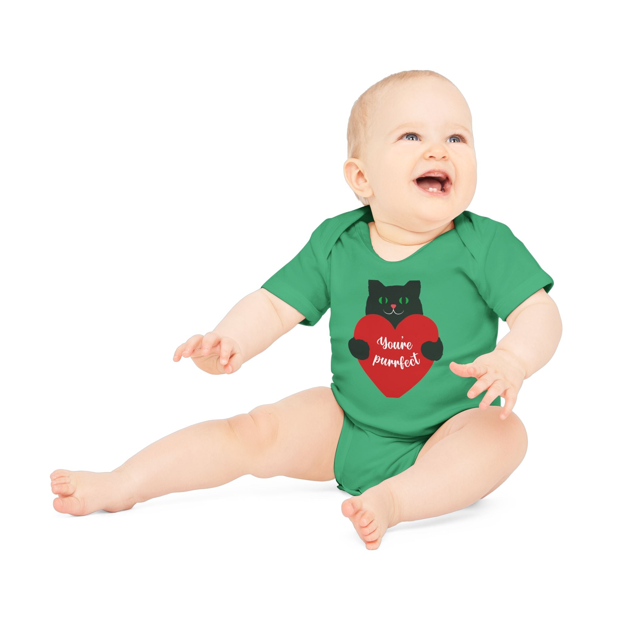 Baby Bodysuit — Black Cat Holding Heart "You're Purrfect" (Organic Short Sleeve)