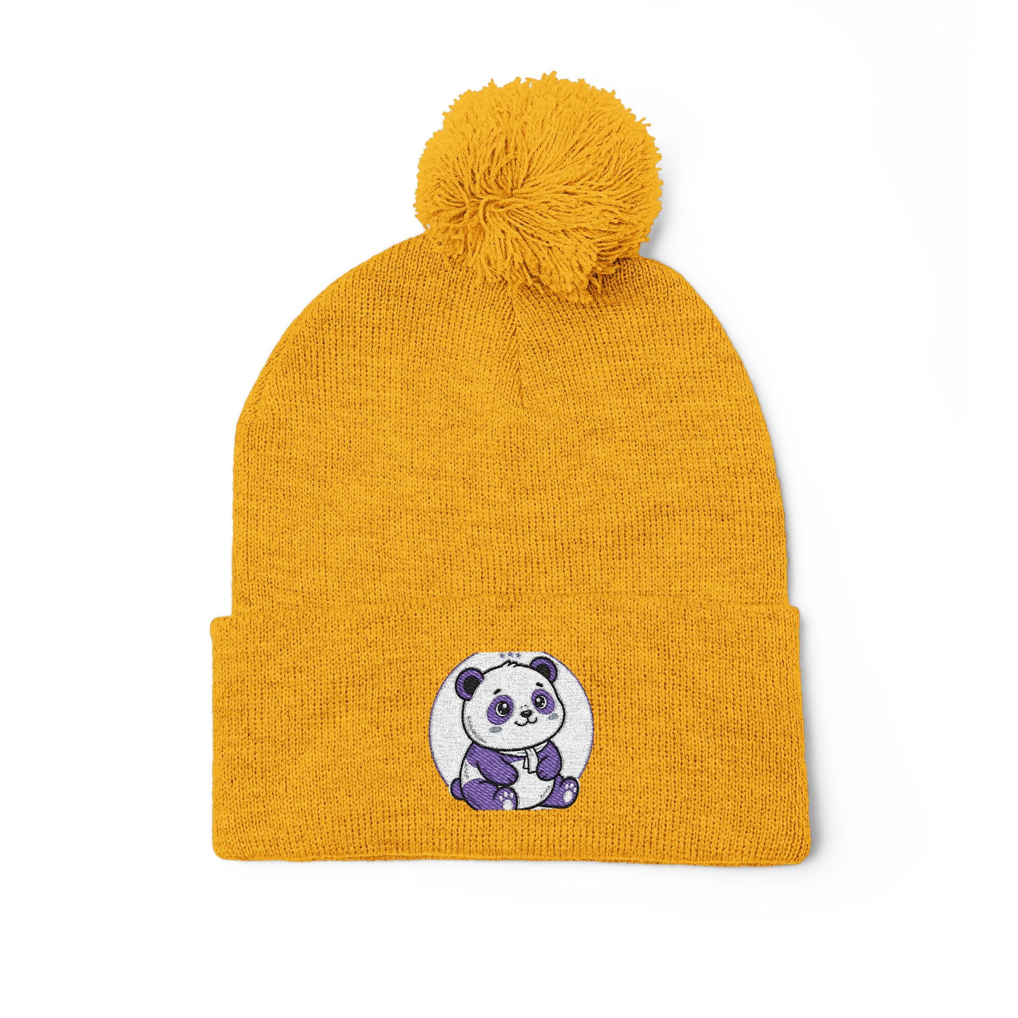 Embroidered Pom-Pom Beanie — Cozy Grey Knit Hat with Small Floral Skull Embroidery