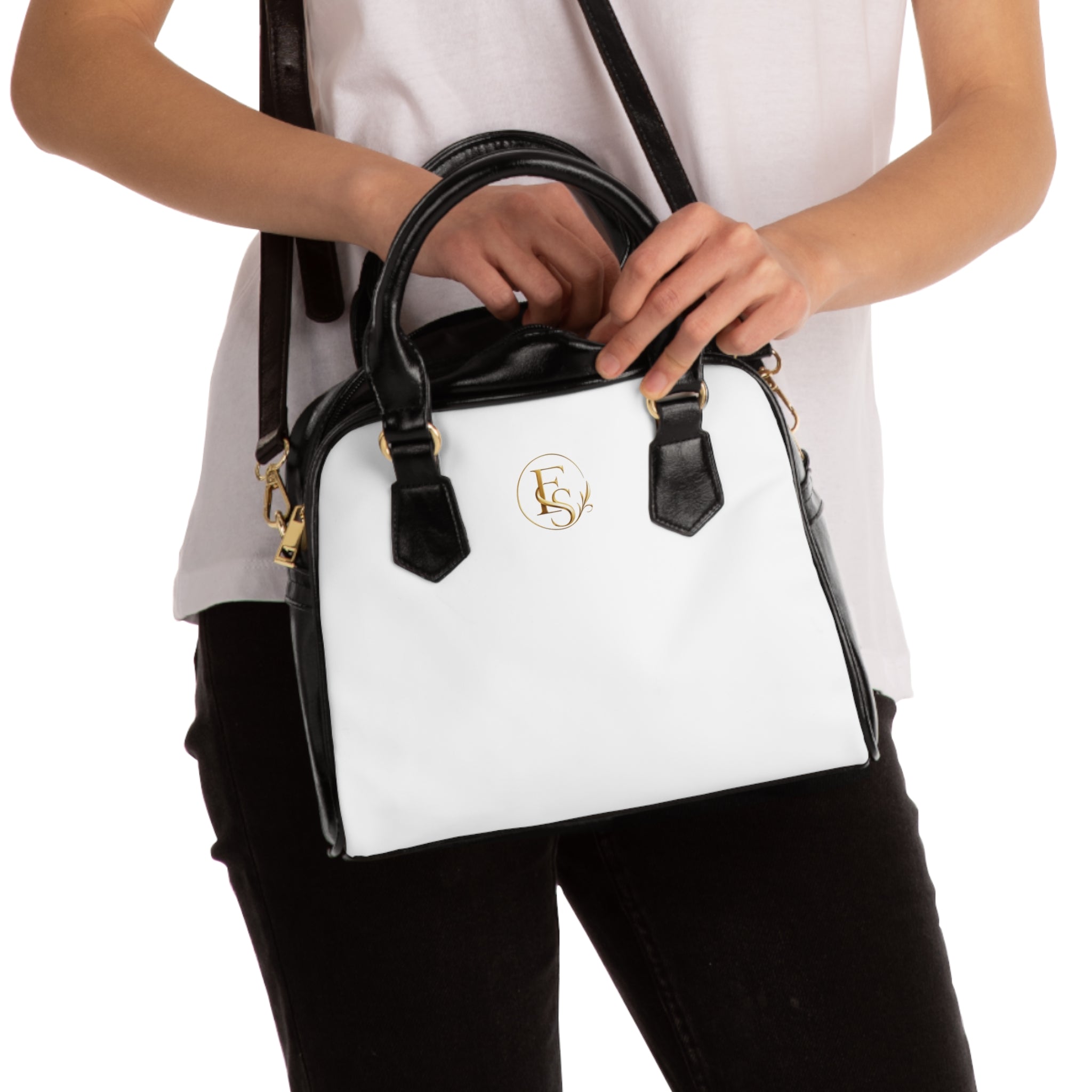 Classic Two-Tone Shoulder Handbag — Elegant White & Black Satchel