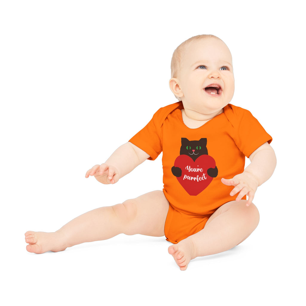 Baby Bodysuit — Black Cat Holding Heart "You're Purrfect" (Organic Short Sleeve)