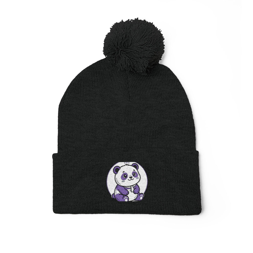 Embroidered Pom-Pom Beanie — Cozy Grey Knit Hat with Small Floral Skull Embroidery