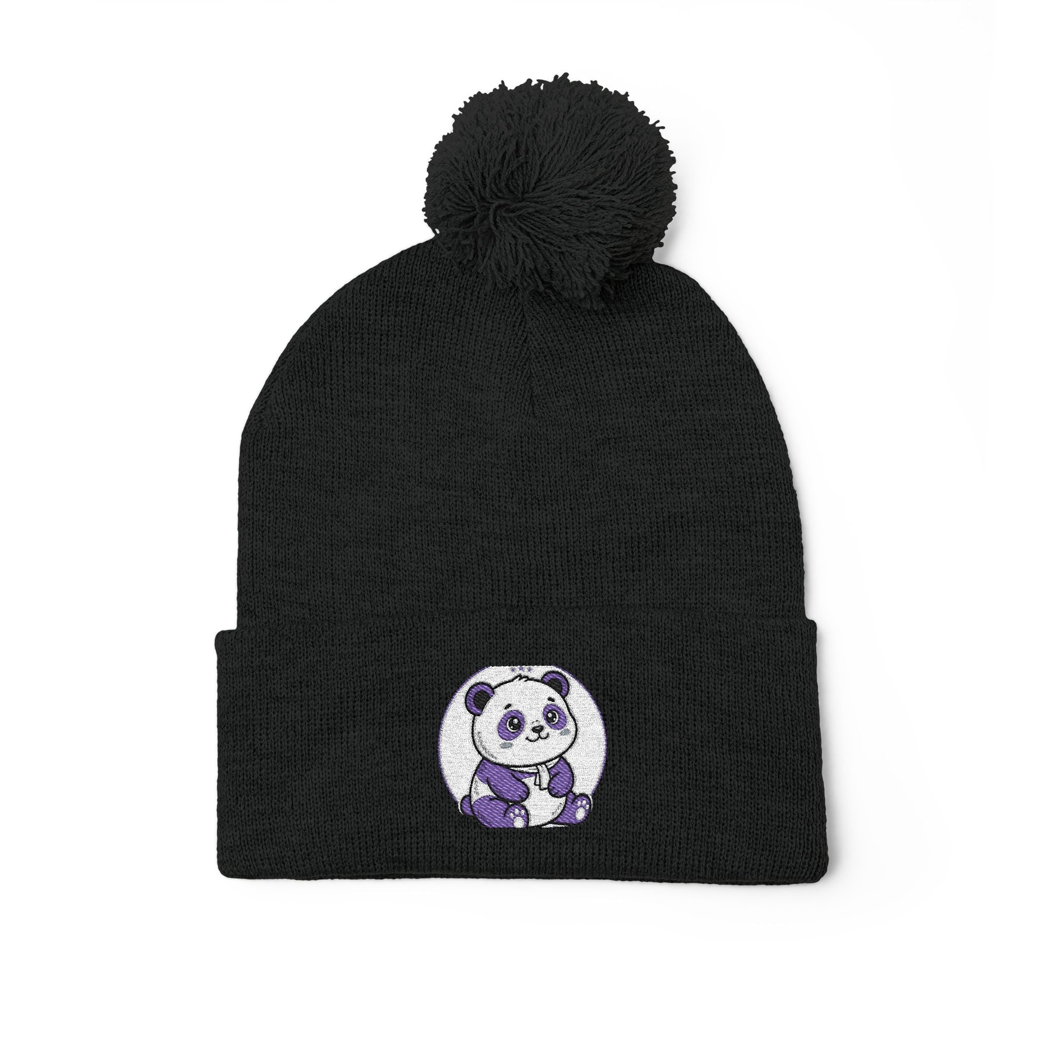 Embroidered Pom-Pom Beanie — Cozy Grey Knit Hat with Small Floral Skull Embroidery