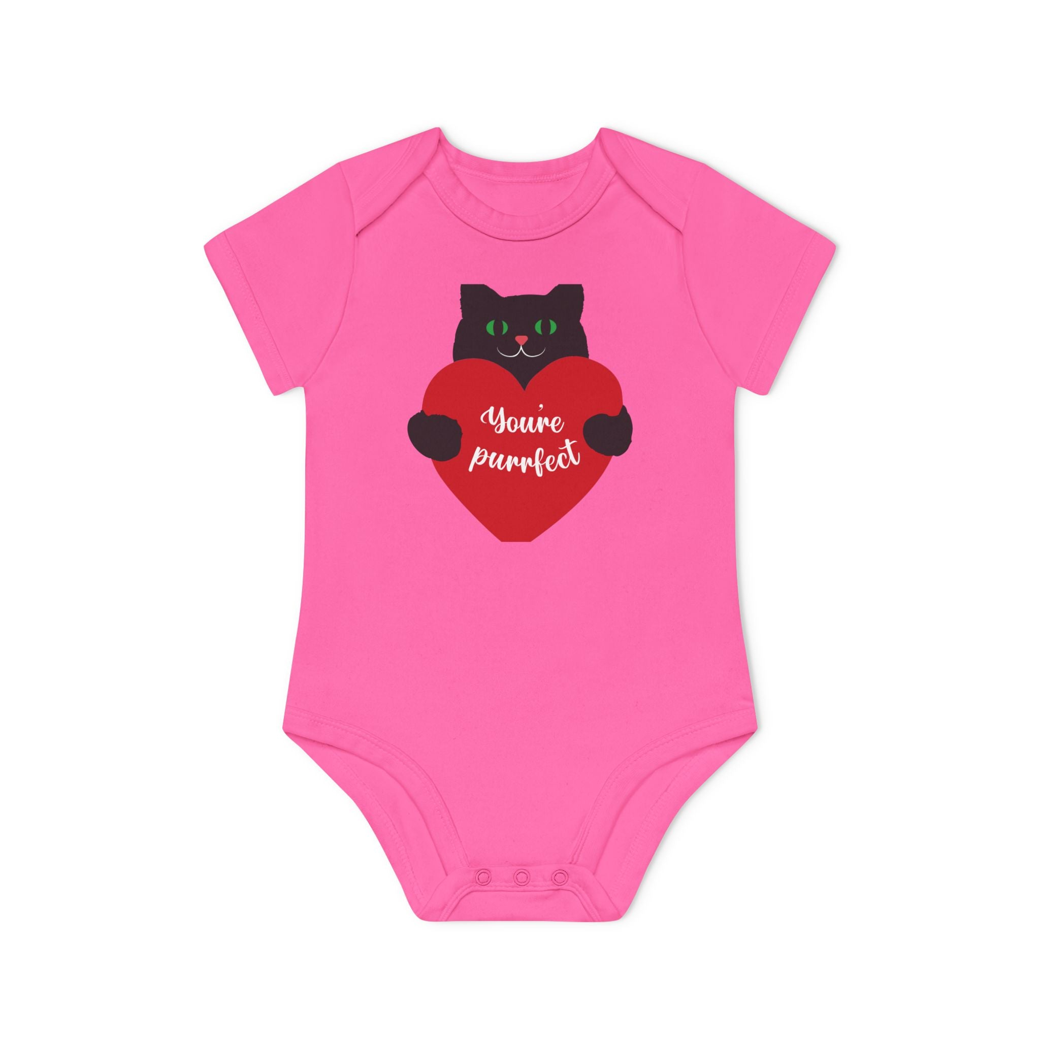 Baby Bodysuit — Black Cat Holding Heart "You're Purrfect" (Organic Short Sleeve)