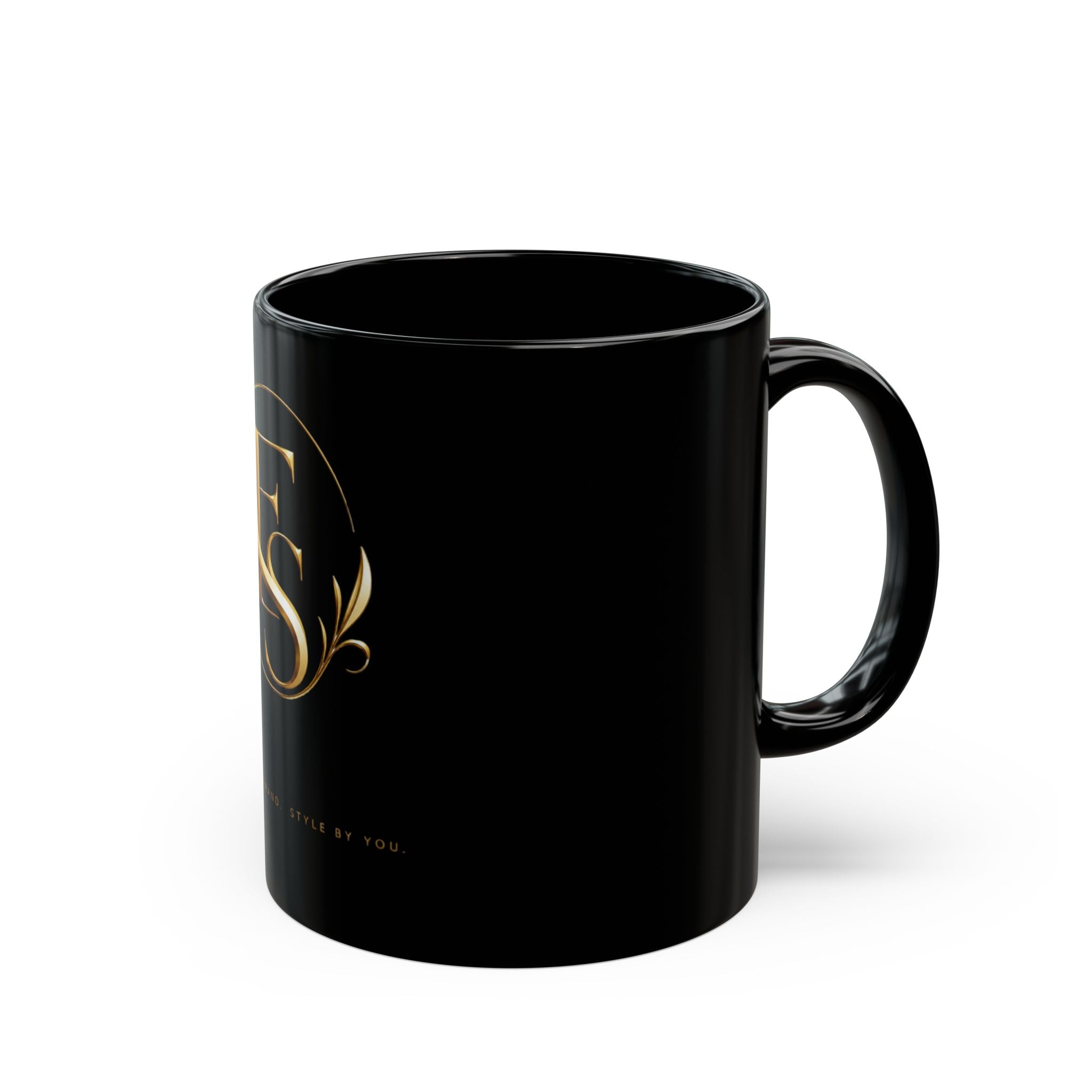 Black Ceramic Mug with Gold FS Monogram — Elegant Luxury Coffee Cup (11oz/15oz)