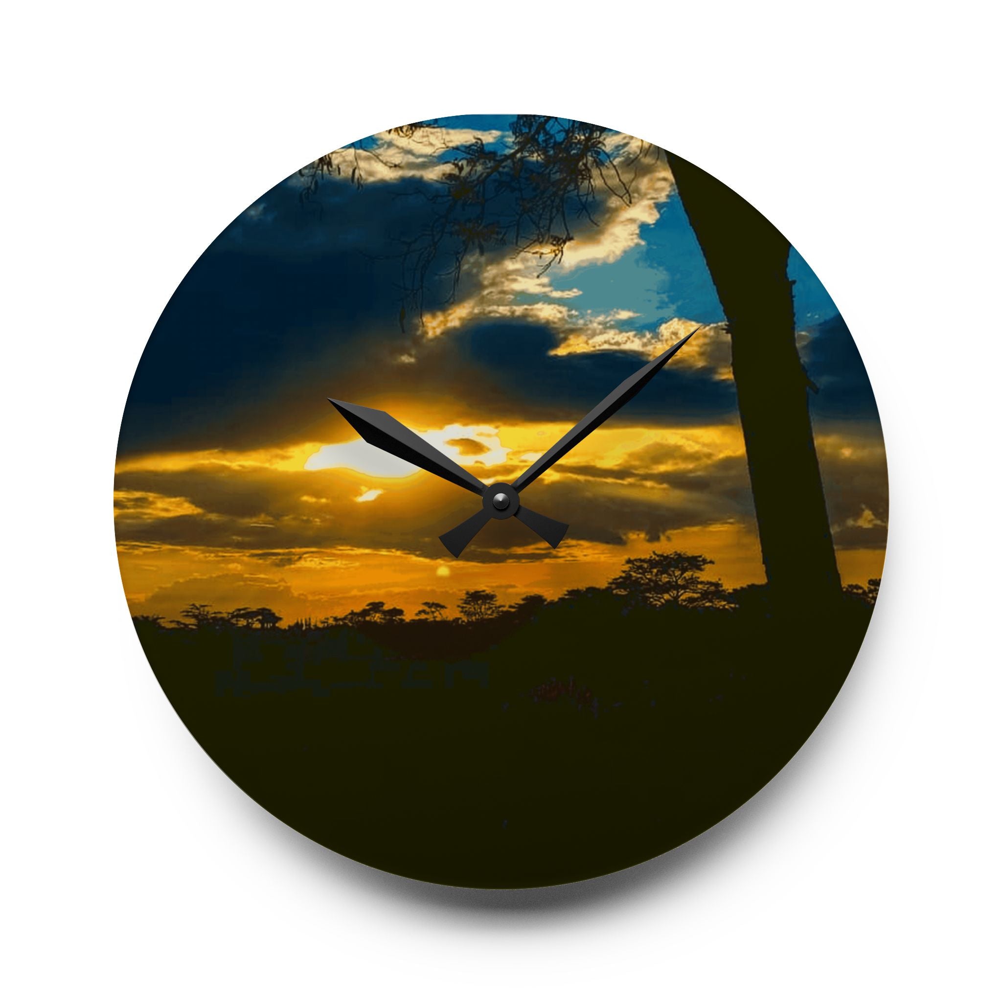 Sunset Silhouette Acrylic Wall Clock — Tropical Palm Sunset Decorative Clock