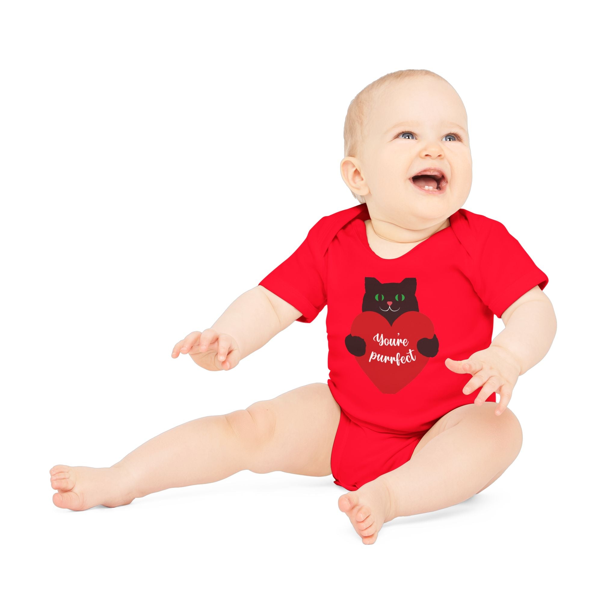 Baby Bodysuit — Black Cat Holding Heart "You're Purrfect" (Organic Short Sleeve)