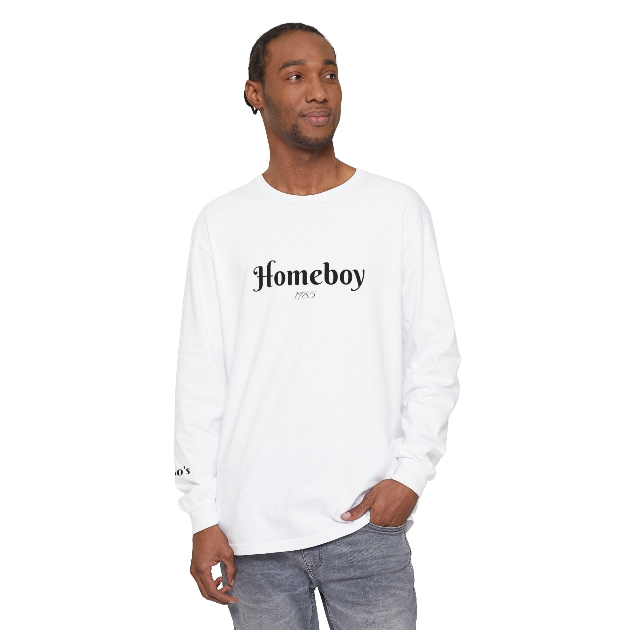 Homeboy Long Sleeve Tee — Vintage Script Logo White Shirt
