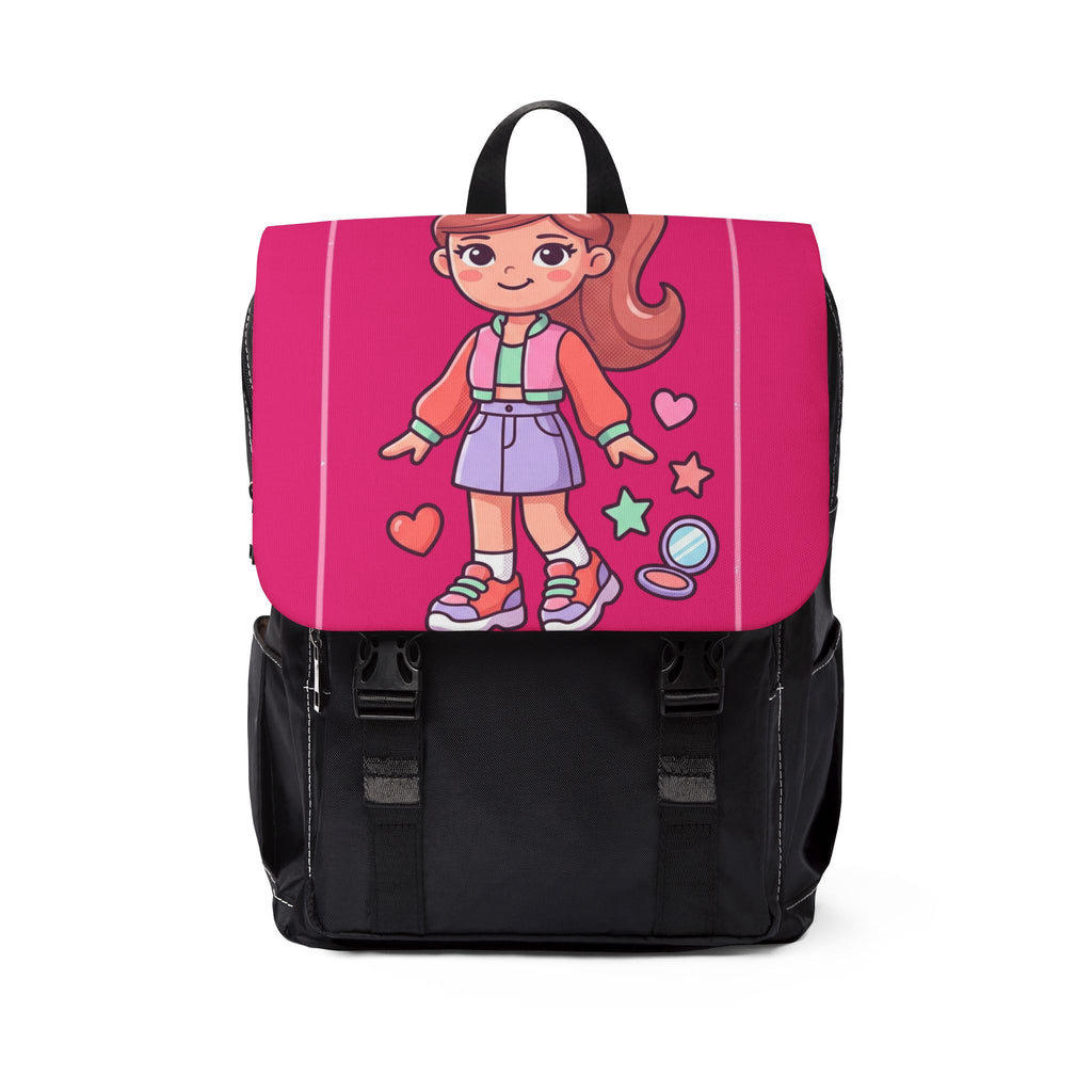 Cute Girl Cartoon Backpack — Pink Kids Shoulder Bag with Hearts & Stars