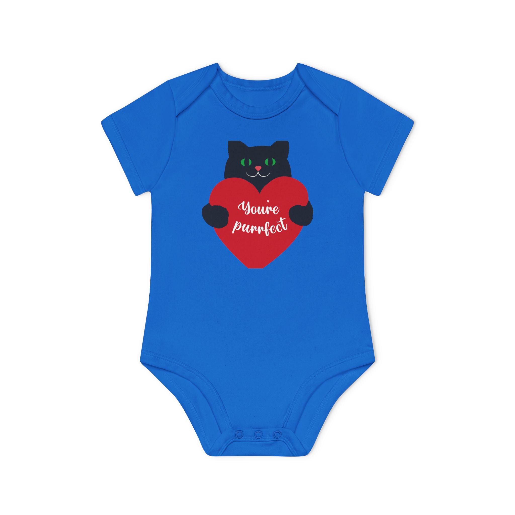 Baby Bodysuit — Black Cat Holding Heart "You're Purrfect" (Organic Short Sleeve)