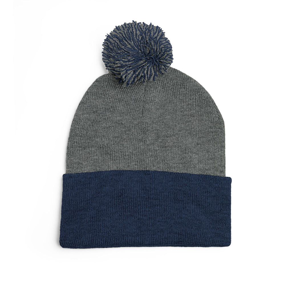 Embroidered Pom-Pom Beanie — Cozy Grey Knit Hat with Small Floral Skull Embroidery