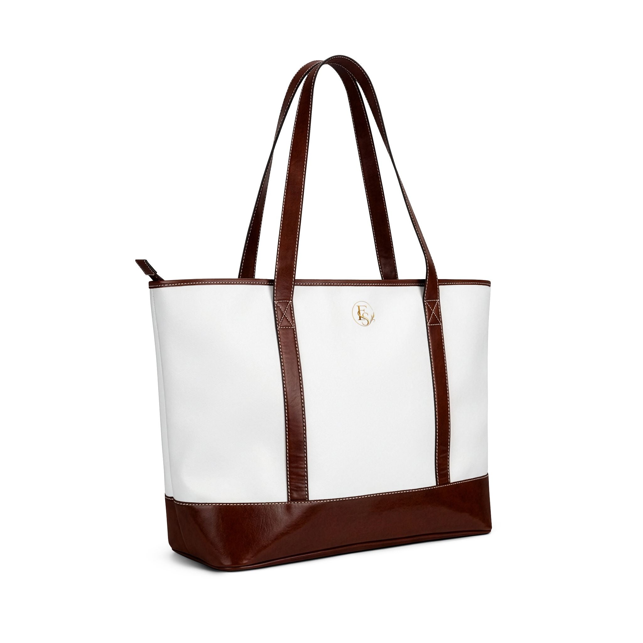 Classic White & Brown Leather Tote Handbag – Spacious Everyday Travel Bag