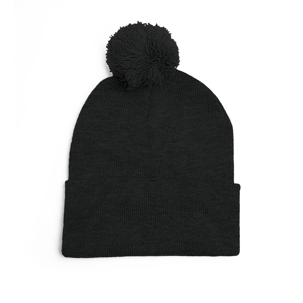 Embroidered Pom-Pom Beanie — Cozy Grey Knit Hat with Small Floral Skull Embroidery